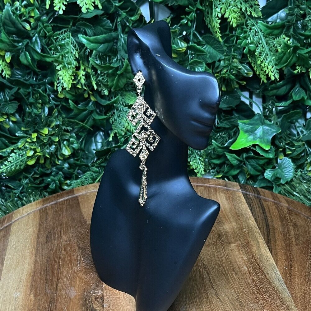 Earrings Women Gold Tone Bronze Stone Dangle Drop Formal Statement 4 Inches 2127